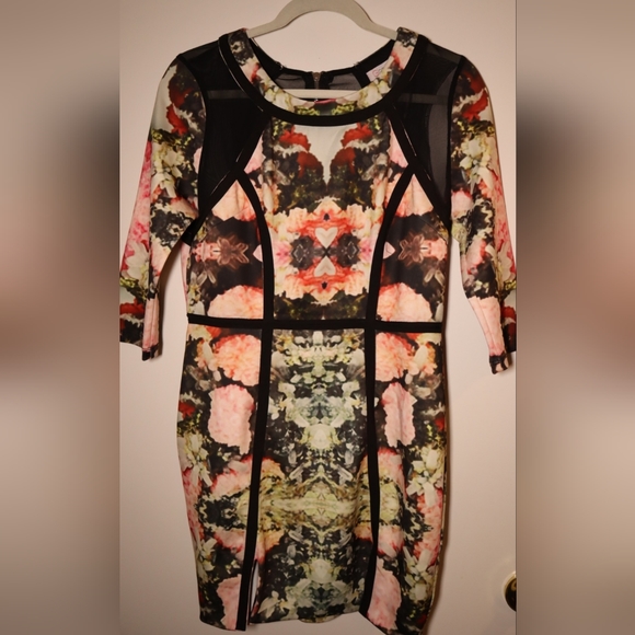 New ASOS mesh quarter sleeves bodycon dress black pink floral - Picture 2 of 9